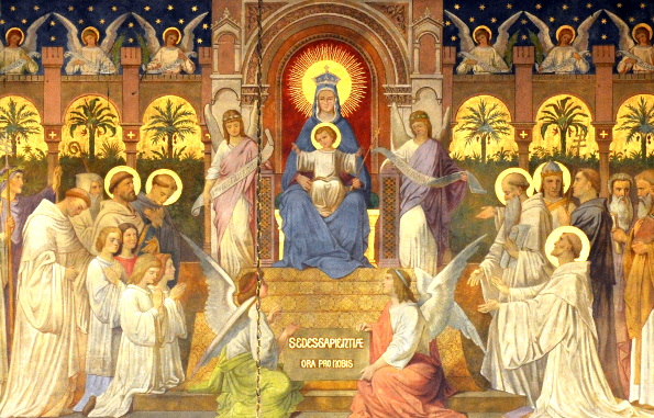 Sedes Sapientiæ mural in the Kollegiumskapelle at
		Mehrer Abbey (Bregenz, Austria),
		painted by Franz Xaver Kolb (1887)